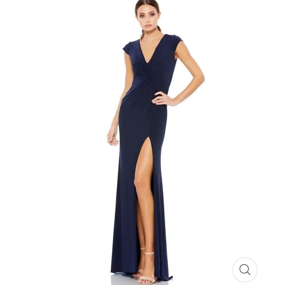 Mac Duggal V-NECK RUCHED JERSEY GOWN Blue Maxi Evening Dress Size 0 NWT